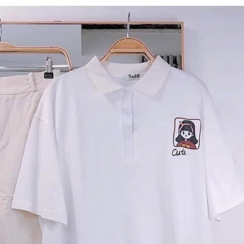 [Rẻ Vô Địch] Áo Thun POLO Nữ Tay Lỡ Có Cổ Phông Form Rộng Freesize Unisex In Hình CÔ GÁI chữ CUTE