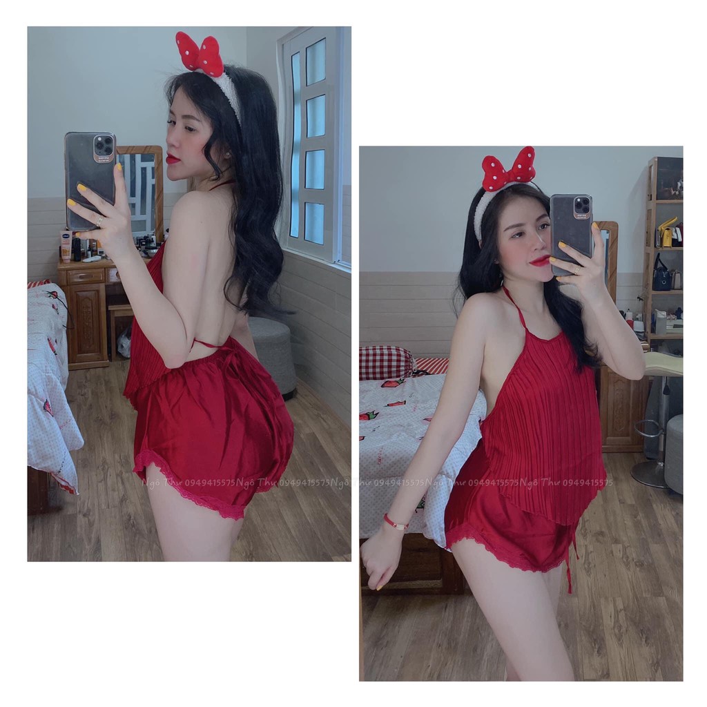 Sét ngủ lụa satin -áo yếm xếp ly