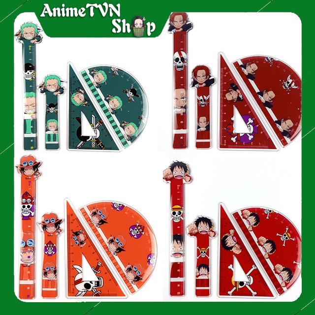 Bộ 4 món Thước Kẻ Nhựa Cứng Acrylic (Dài - ngắn - Tam giác - Vòng Cung) in hình Anime/Manga One Piece - Đảo hải tặc