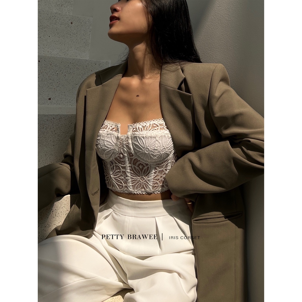 Iris Corset Trắng/Đen - Áo Corset Petty Brawee Ren Trắng/Đen