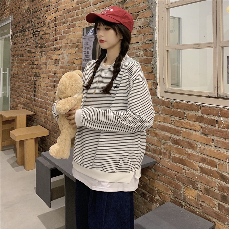 Áo Sweater Dáng Rộng Phối Họa Tiết Kẻ Sọc Đơn Giản Thời Trang Mùa Thu Cho Nữ