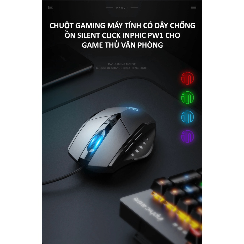 Chuột gaming máy tính có dây chống ồn silent click INPHIC PW1 đèn led 4 màu dành cho game thủ, văn phòng