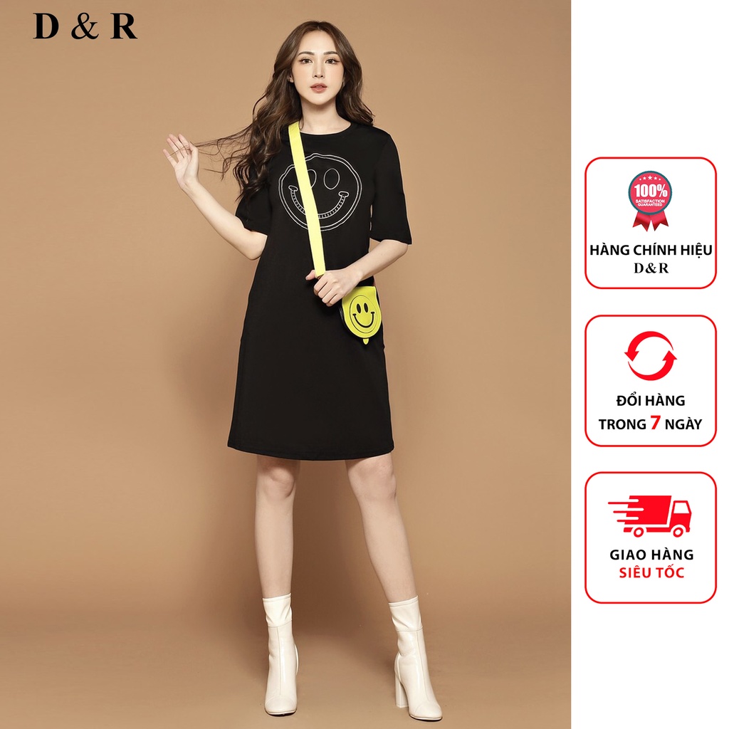Đầm suông nữ thêu họa tiết mặt cười kèm phụ kiện túi xách Quảng Châu cao cấp thương hiệu thời trang D&R D060