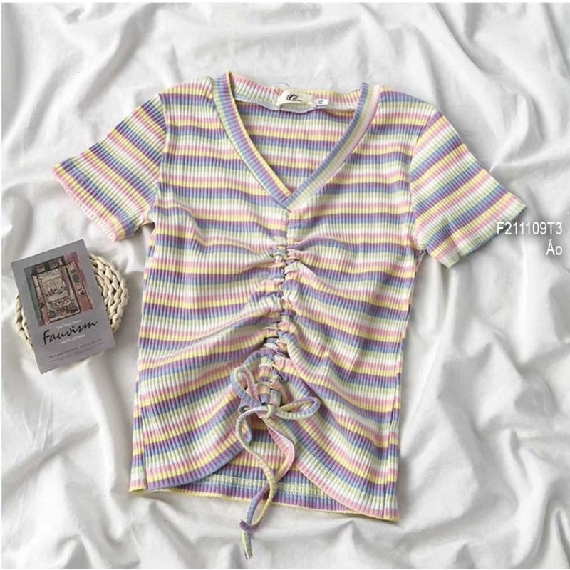 Áo gân sọc rút dây giữa cổ tim tay con!