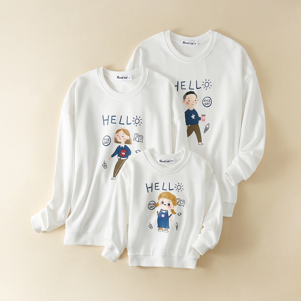 Áo Sweater Gia Đình Familylove - Mẫu Áo Gia Đình Sweater Chibi Hello Đáng Yêu Chất Nỉ Da Cá Cotton 100%