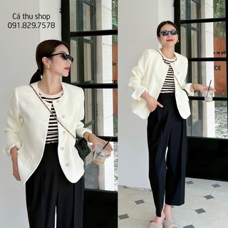Áo khoác dạ tweed trắng kem 2 lớp