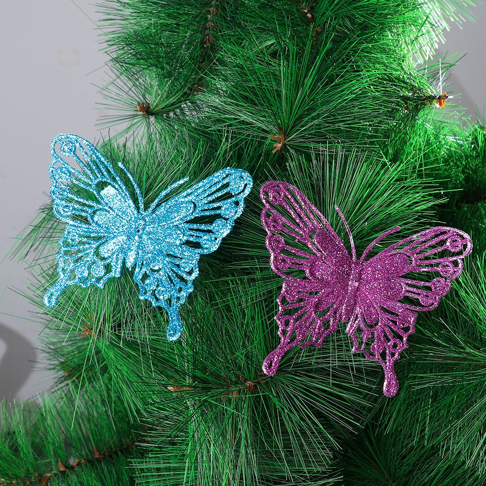 MIOSHOP 1pc Artificial Gold Powder Butterfly Christmas Tree Decorations Glitter Plastic Ornaments