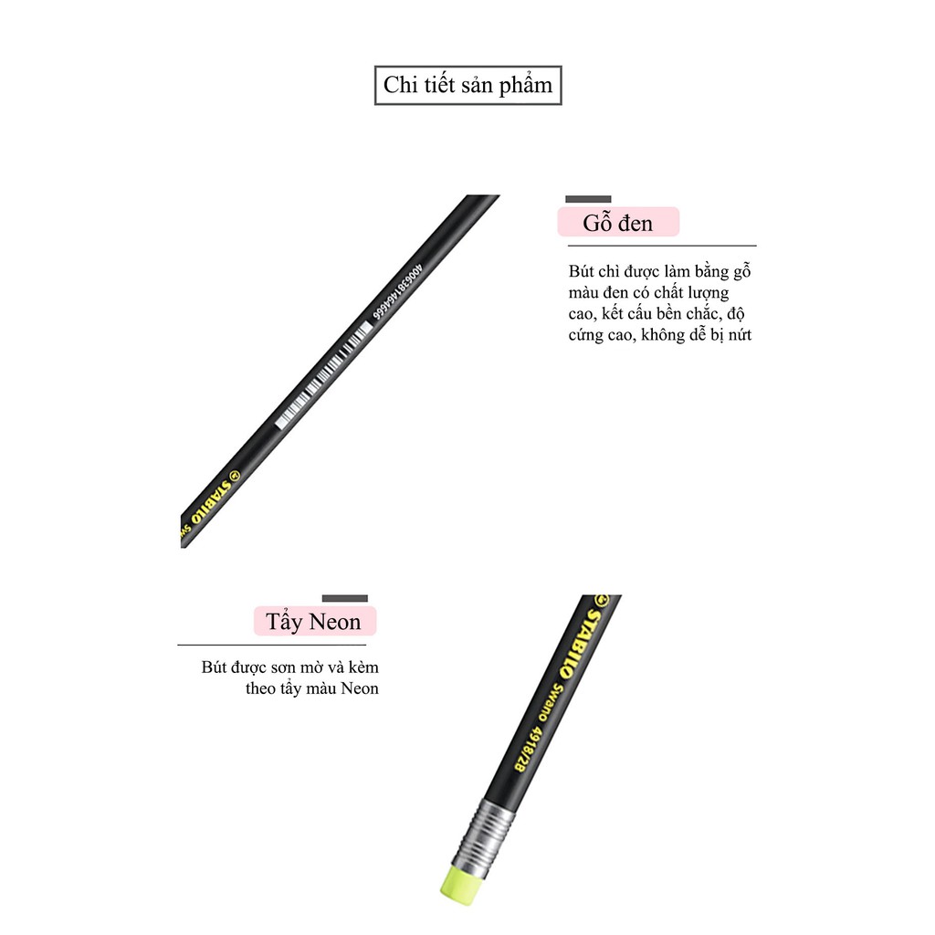 Bộ 3 cây bút chì gỗ STABILO Swano 2B thân đen + tẩy ER191E (PC4918-C3+)