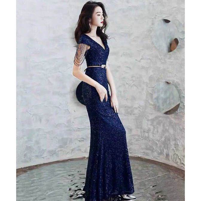 Đầm dạ hội kim sa tay kết đá cao cấp