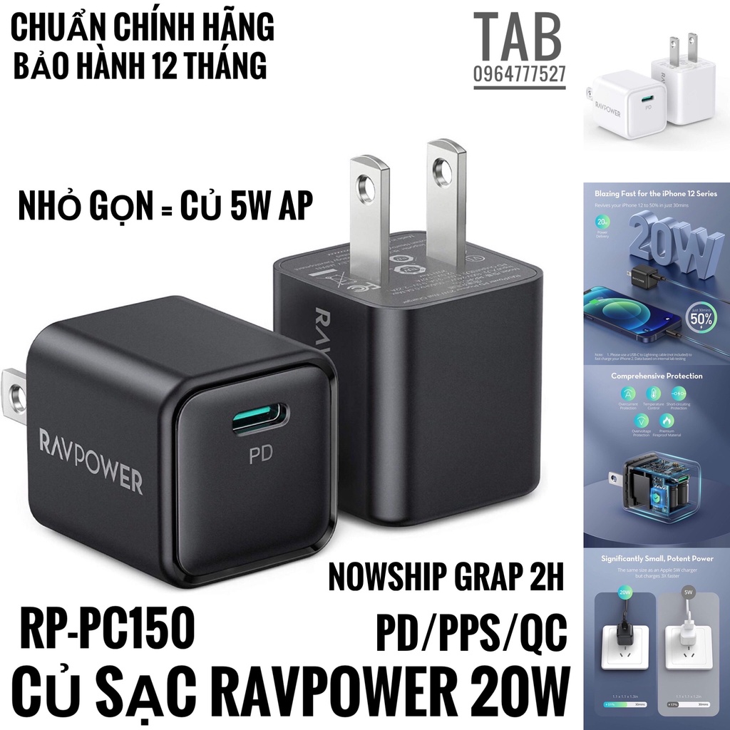Củ Sạc Ravpower 20W Pd/Qc/Pps - Rp - Pc150 (Bảo Hành 12T)