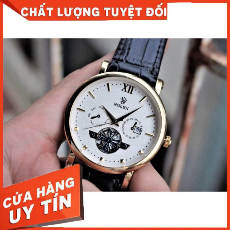 (Rolex.viền trơn) Đồng hồ Nam rolex dây da mềm, máy pin nhật, thẻ bảo hành 12 tháng