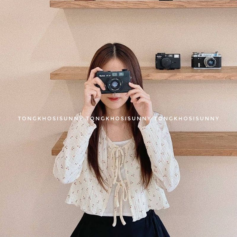 Áo Cardigan chất xô Muslin hoa nhí cherry buộc nơ ngực