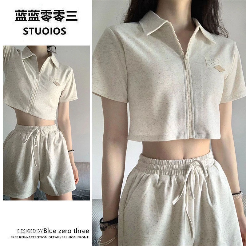 ☼Bộ Áo Cổ Polo Có Dây Kéo + Quần Short Lưng Cao Phong Cách Nhật Bản Thời Trang Mùa Hè Cho Nữ