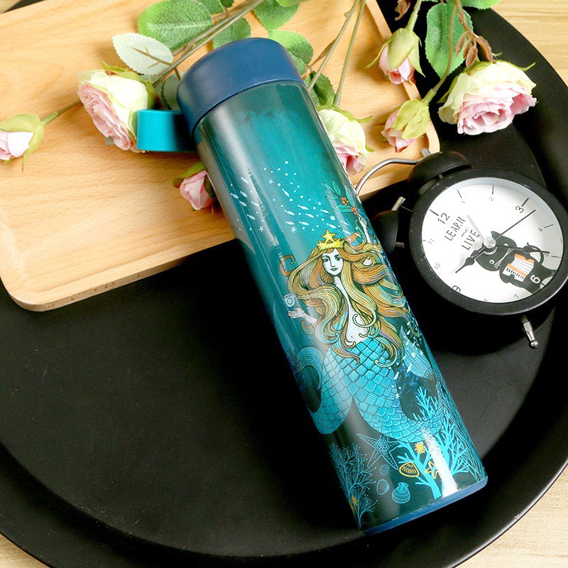 Bình Nước Starbucks Bằng Thép Không Gỉ Chân Không Họa Tiết Vân Gỗ 473ml