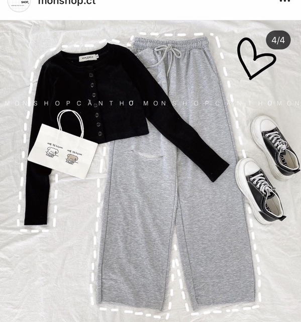 🔥Set Quần Thun Ống Suông + Croptop Gài Nút Tay Dài Trơn