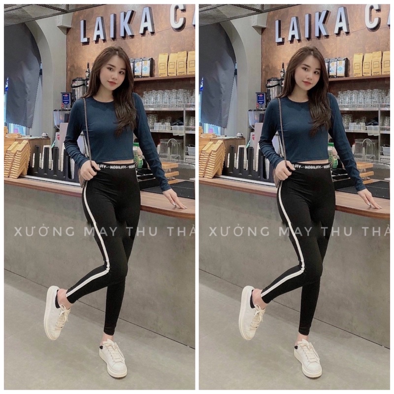 Quần Legging cạp viền sọc trắng mẫu mới co dãn 4 chiều