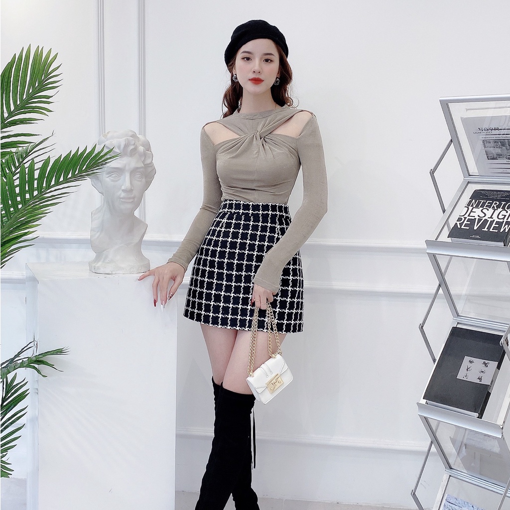 Chân váy dạ kẻ cao cấp chữ A có lót quần HILA (Mã SP:CV1085,CV1086)