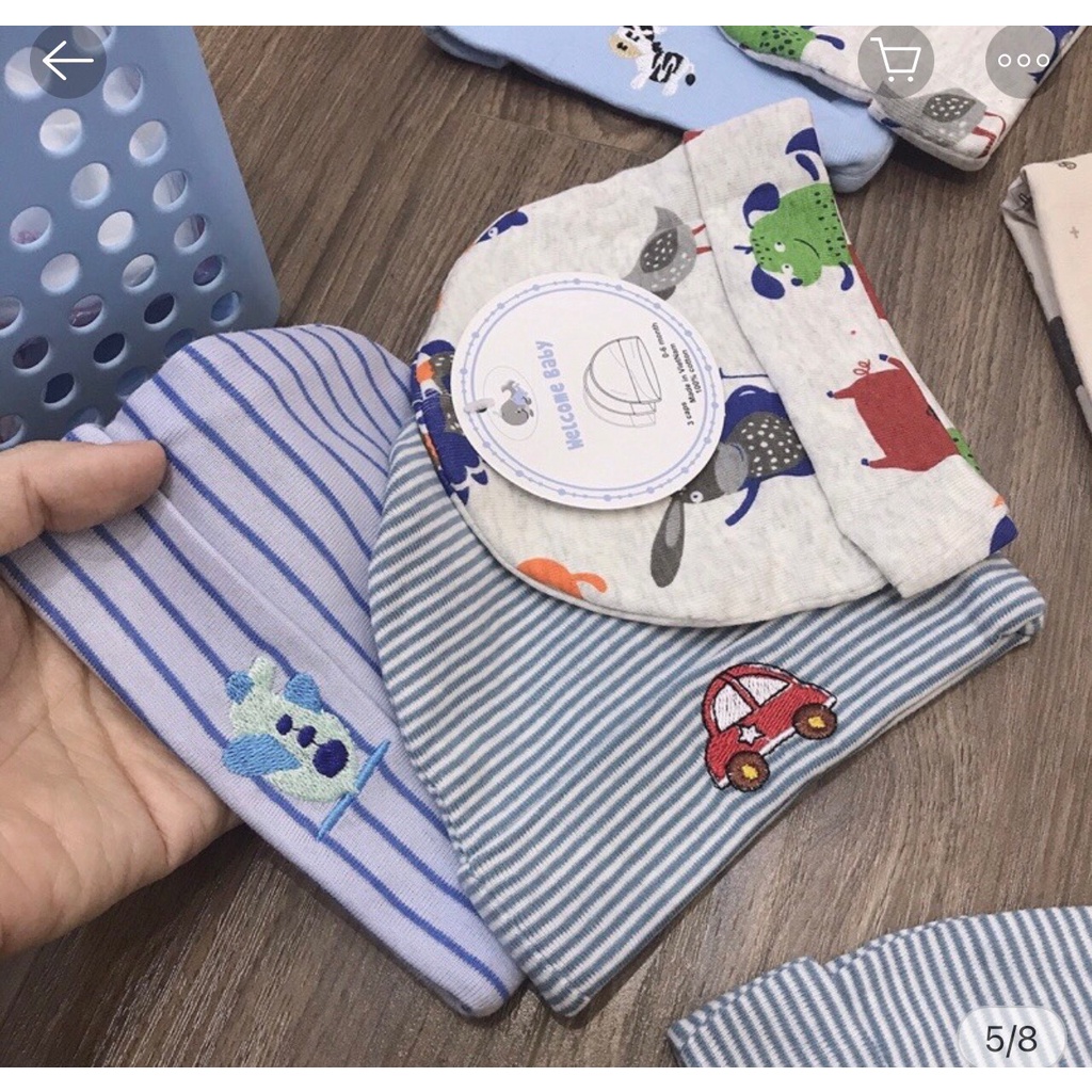 Set 3 mũ cotton dày dặn co giãn cho bé 0 - 6 tháng