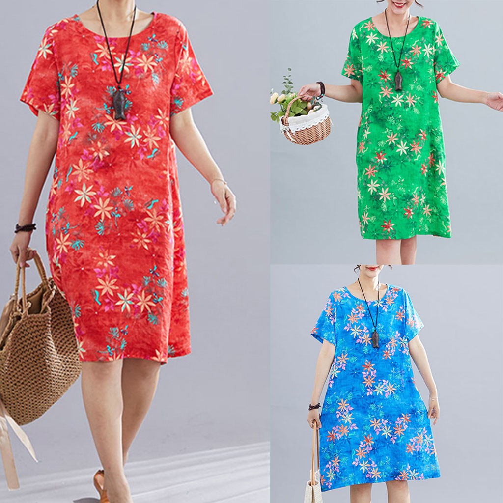 Đầm Dài Qua Gối Tay Ngắn Cổ Tròn In Họa Tiết Cổ Điển Thời Trang Cho Nữ