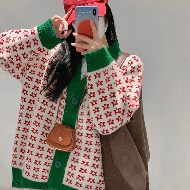 Áo sweater dệt kim in hoa màu đỏ dáng ôm dễ phối đồ phong cách Hàn Quốc