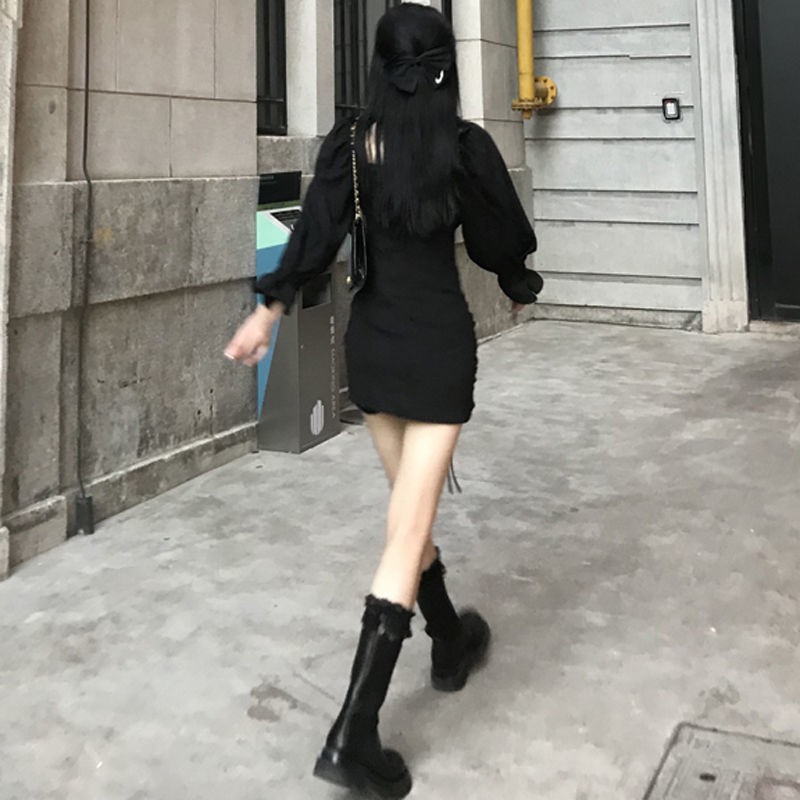 Đầm ôm tay dài cổ vuông thiết kế dây rút xinh xắn thời trang phong cách Hàn Quốc | BigBuy360 - bigbuy360.vn