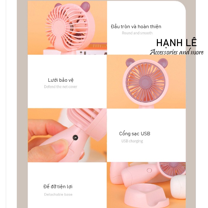 Quạt mini tích điện đeo cổ cầm tay có đế để bàn kèm theo giá đỡ điện thoại và dây đeo, nhỏ gọn dễ thương tai mèo dễ dàng