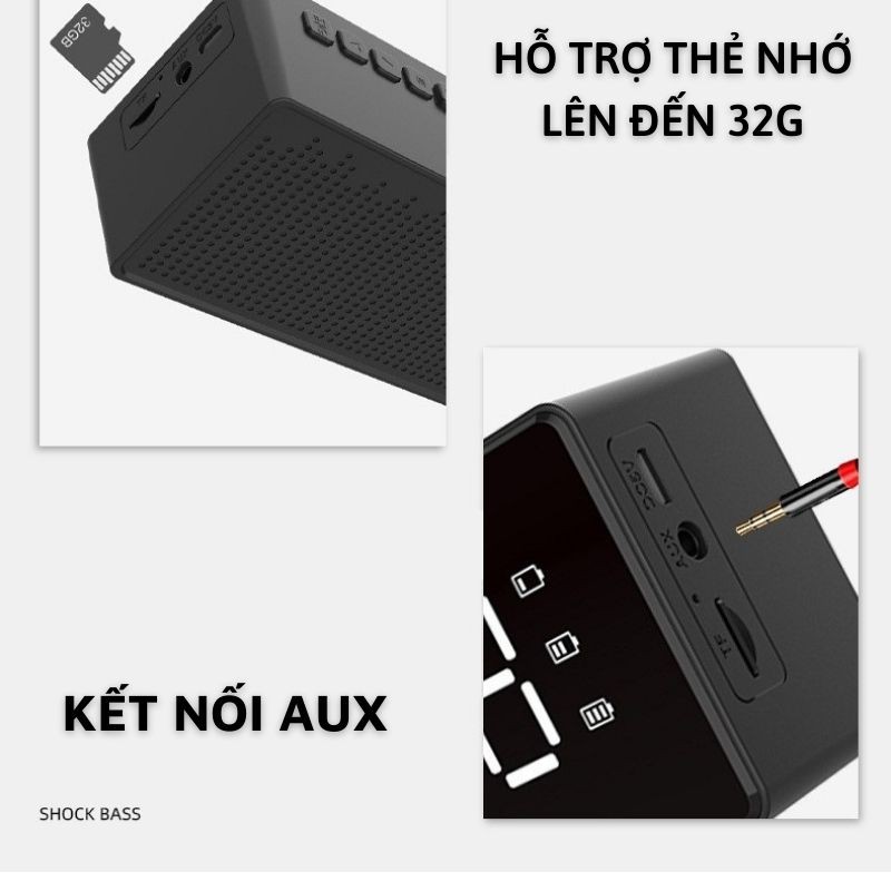 Loa bluetooth kiêm đồng hồ mặt gương sáng bóng, hỗ trợ thẻ nhớ TF và đài FM