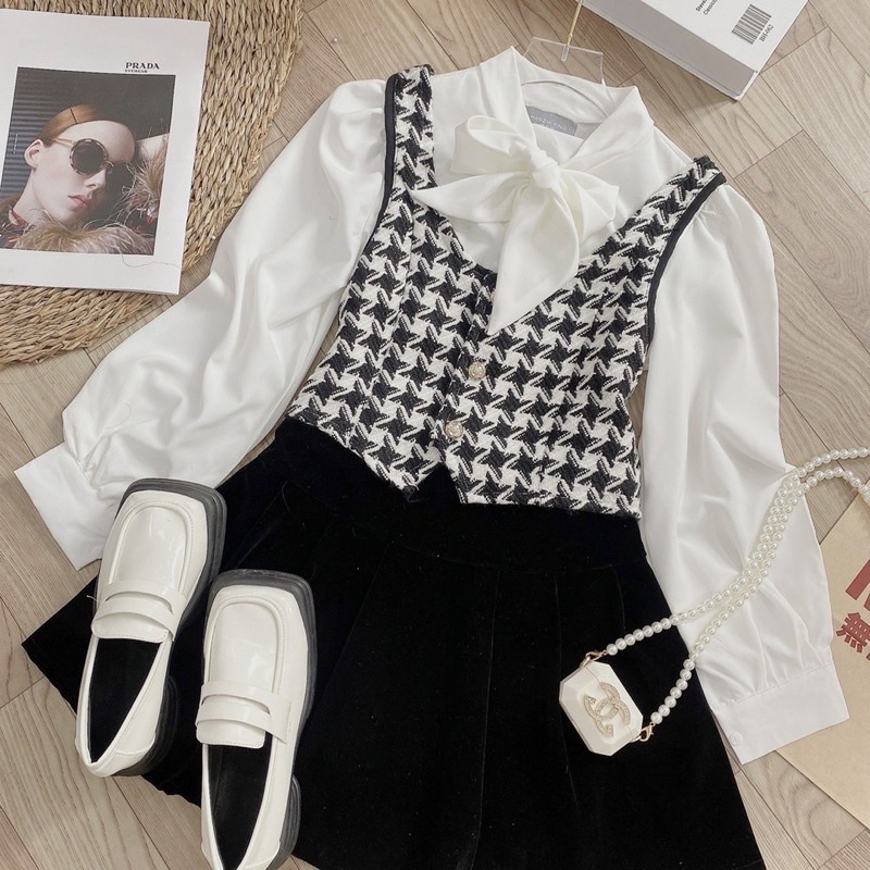 Sét áo sơ mi nơ phối áo gile dạ kẻ mix chân váy nhung siêu xinh