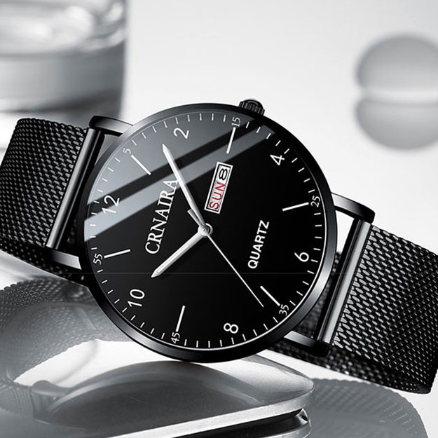 Đồng hồ nam Crnaira C8899 chạy 2 lịch không thấm nước 3ATM siêu mỏng italia dây thép mành cao cấp | BigBuy360 - bigbuy360.vn