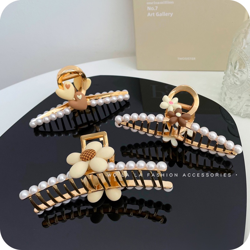 Kẹp tóc kim loại hình hoa đính ngọc trai giả thời trang cho nữ