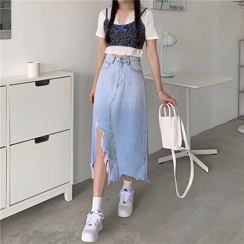 COZOK Chân váy jean Lưng Cao Màu Gradient Thiết Kế Xẻ Tà Xinh Xắn