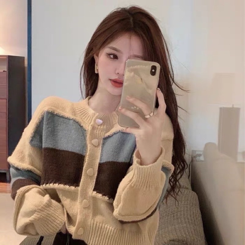 Áo cardigan len dáng ngắn phối màu vintage phong cách hàn quốc