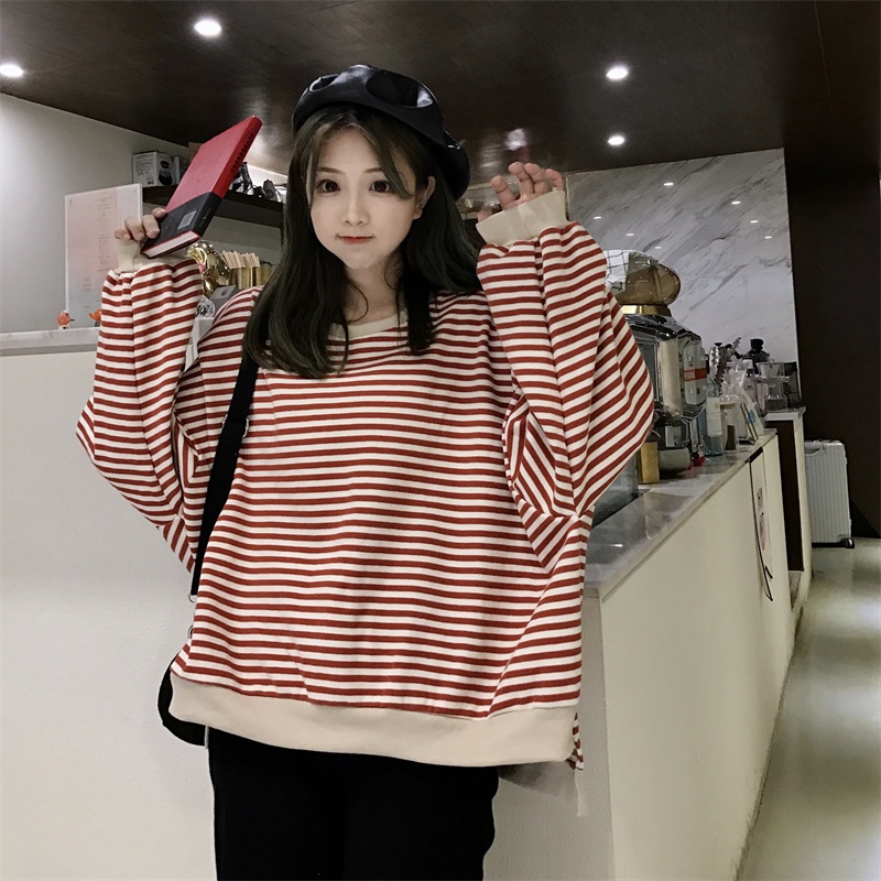 【ZHELIHANGFEI】Áo Thun Tay Dài Giả Hai Lớp Họa Tiết Kẻ Sọc Phong Cách Cá Tính