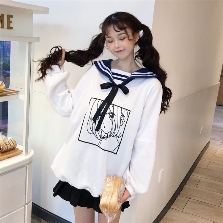 Áo Sweater Tay Dài Cổ Thủy Thủ Dáng Rộng Phong Cách Nhật Bản Cho Nữ