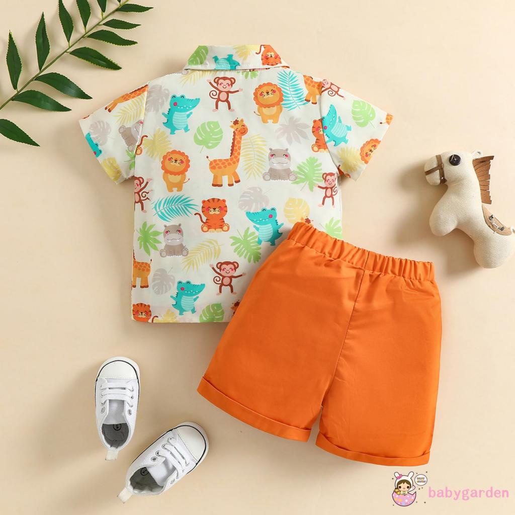Bộ Áo Sơ Mi Tay Ngắn Đính Nơ Hình Động Vật + Quần Short Màu Trơn Dành Cho Bé Trai 6 Tháng Tuổi 4 Tuổi