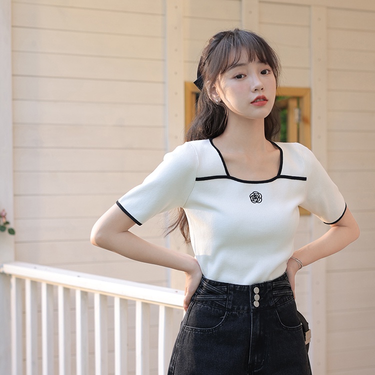 Áo dệt kim ZHELIHANGFEI ngắn tay cổ vuông thêu họa tiết xinh xắn