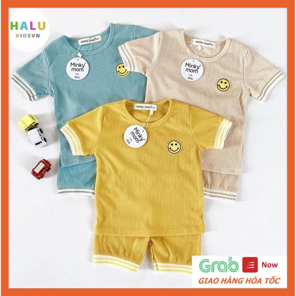 Xả!!! Bộ cộc tay Minky Mom gân tăm thêu họa tiết mặt cười cho bé trai và bé gái - BCG01.Halukidsvn