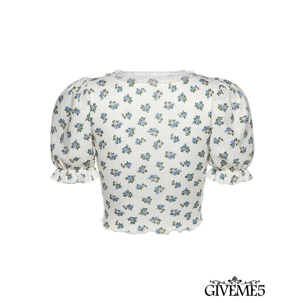 Áo croptop tay phồng in họa tiết hoa xinh xắn thời trang cho nữ