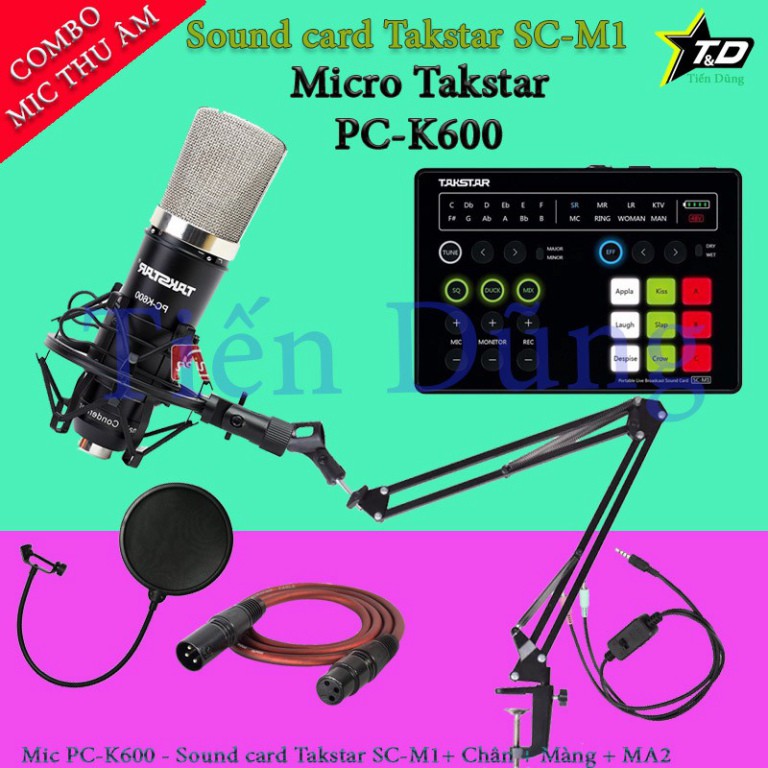Mic thu âm Takstar PC K600 sound card SC M1 có autu tune chân mic màng lọc dây livestream MA2- Bộ mic livestream cao cap