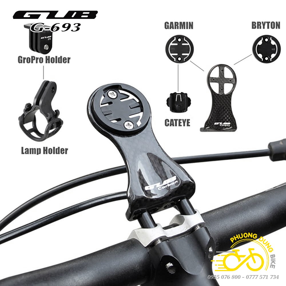 Giá Carbon GUB bắt đồng hồ Cateye, Garmin, Bryton kèm giá đèn cho xe đạp