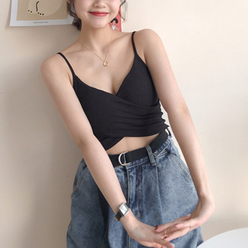 Xixi Áo Croptop Hai Dây Cổ Chữ V Màu Trơn Thiết Kế Dây Đan Chéo Phía Trước Quyến Rũ