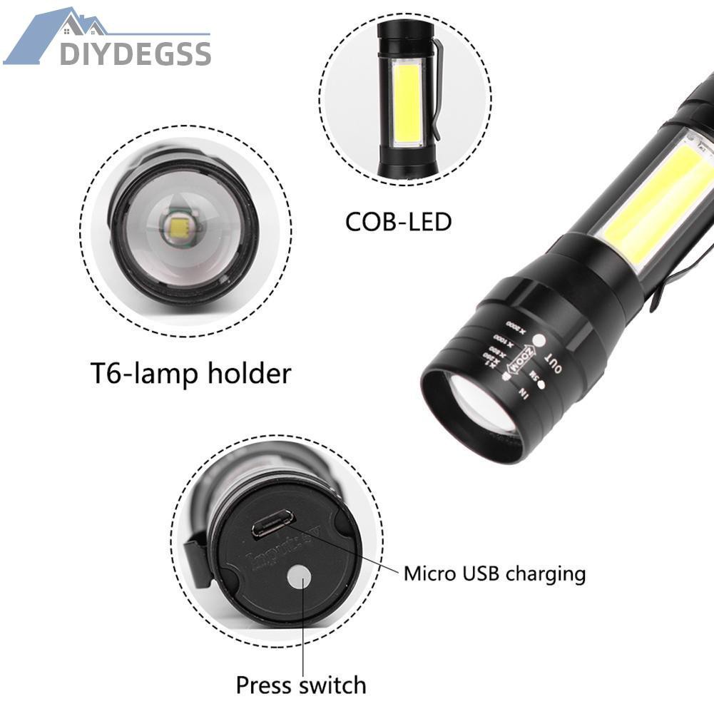 Đèn Pin Led T6 + Cob 2 Zoom T6 4 Chế Độ Chống Thấm Nước Ip44