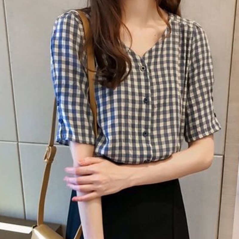 Áo Sơ Mi Ngắn Tay Ca Rô 175205 Áo Sơ Mi Cổ Chữ v Dáng Rộng Thời Trang