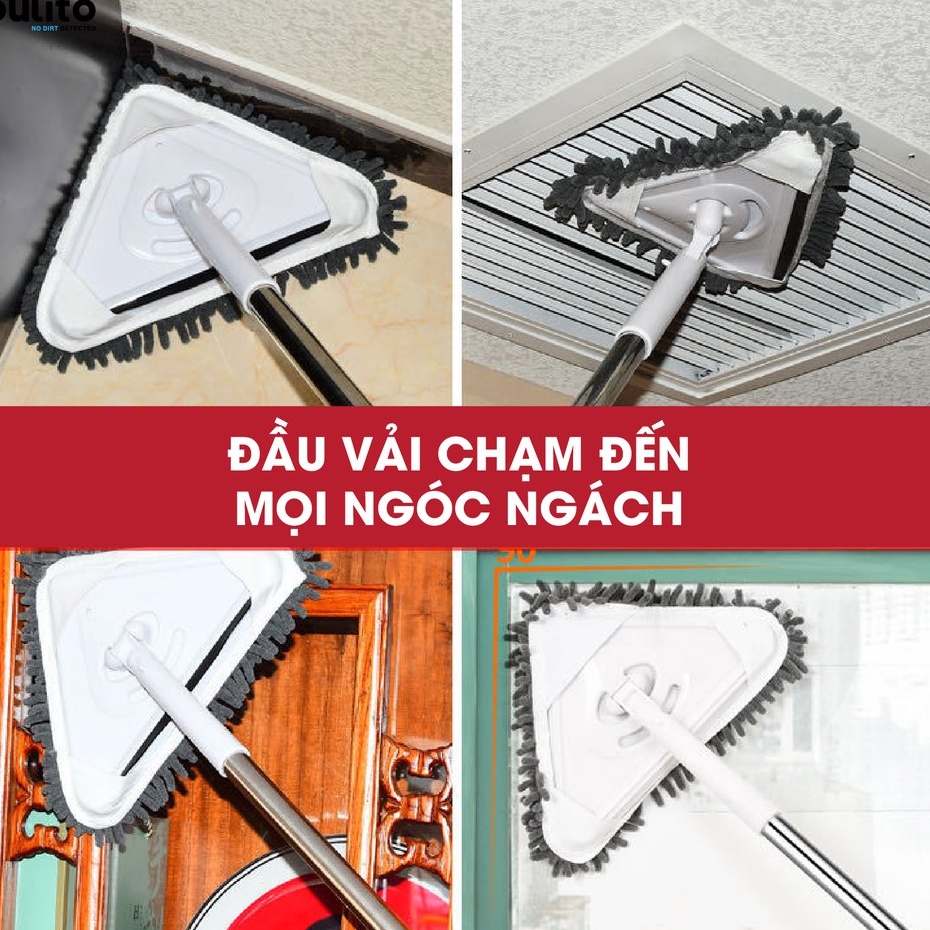 Chổi lau đa năng Pulito hình tam giác cán dài, đầu xoay 180 độ tiên dụng, bông lau làm sạch tốt CLN-M3