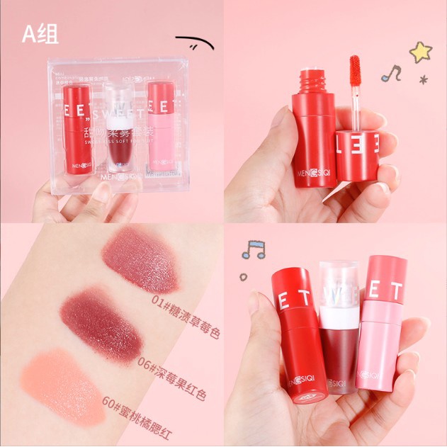 Set 3 Son Môi Mengsiqi Sweet Kiss Soft  Fog Suit Dạng Kem Siêu Lì Làm Phấn Má Hồng Dưỡng Ẩm Không Khô Nội Địa Trung