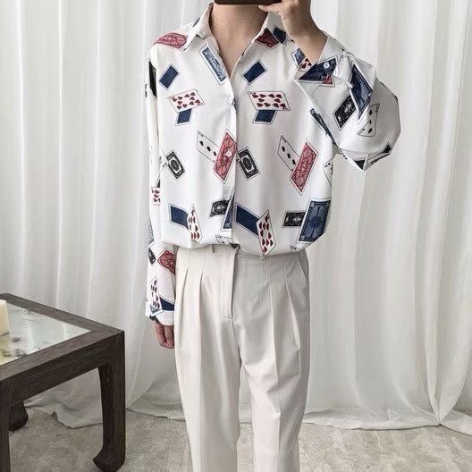 Unique fashion style long sleeve Poker card shirt for men