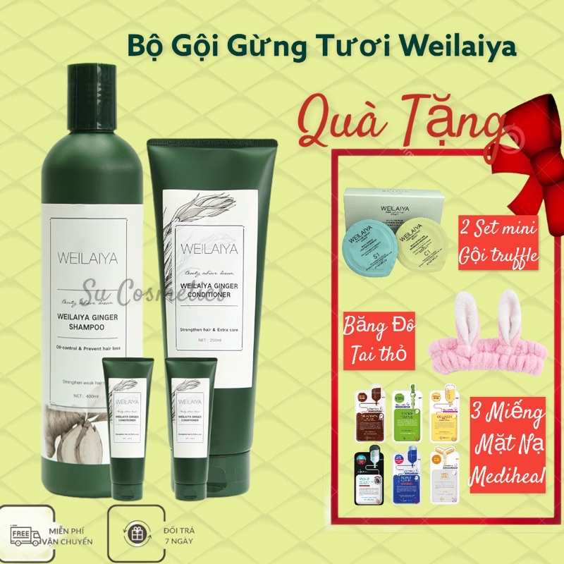Bộ Gội Xả Gừng Weilaiya 650ml Mẫu Mới + Tặng Sét Mini + 1 Miếng Mặt Nạ Hà Quốc + Túi Giấy