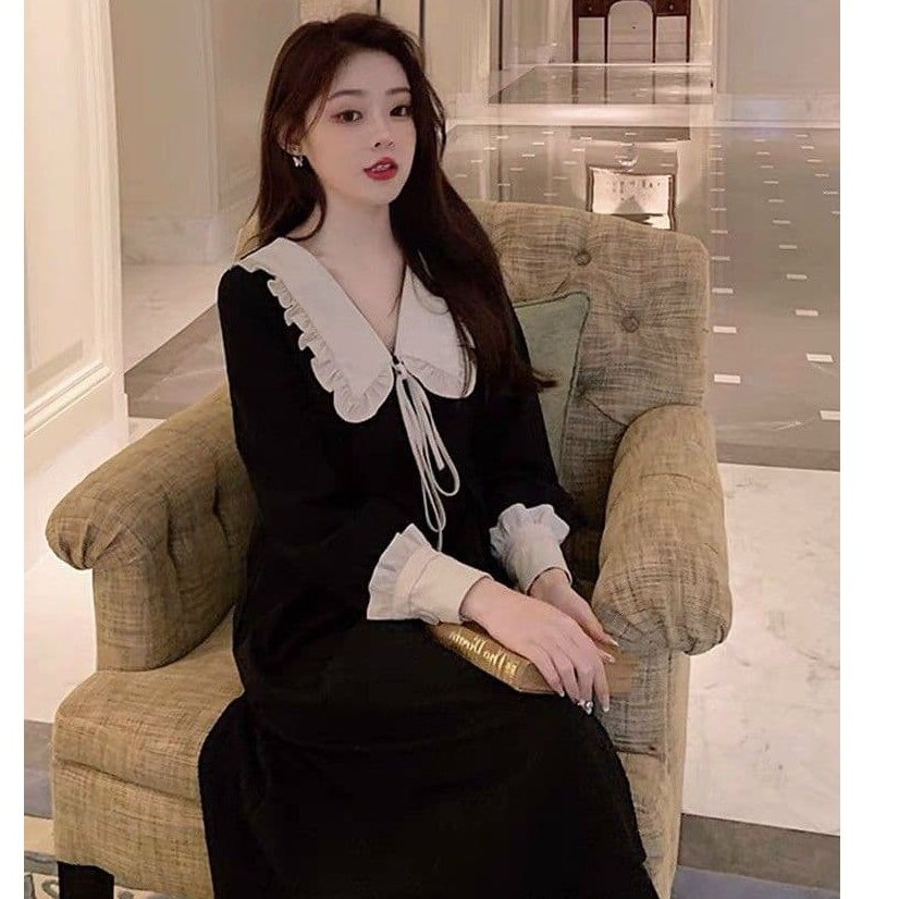 Đầm dạo phố tiểu thư xòe tay dài cổ bèo Phối Hai Màu Xinh Xắn Dành Cho Nữ , ĐẦM CỔ BÈO TAY DÀI ĐÍNH NƠ