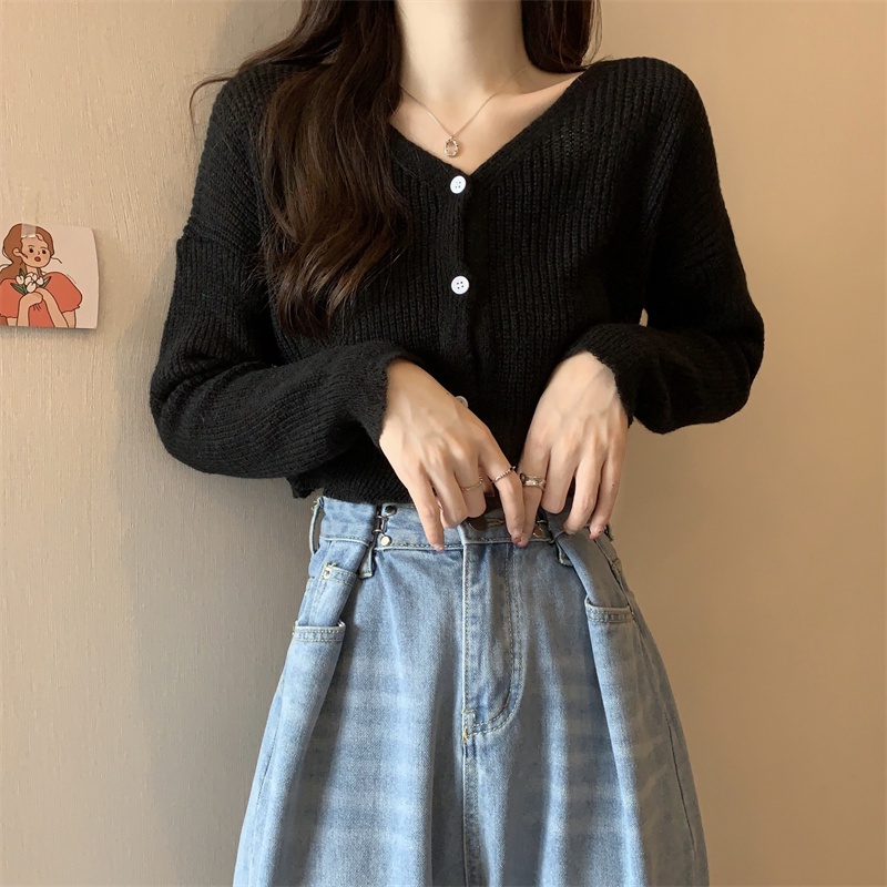 SUXI Áo Khoác Cardigan Dài Tay Cổ Chữ V Màu Sắc Đơn Giản Phong Cách Hàn Quốc