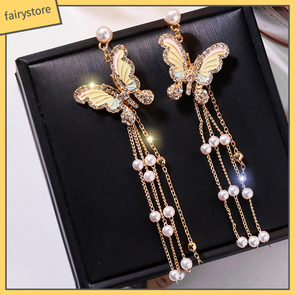 Bông Tai Dáng Dài Hình Bướm Đính Đá Lấp Lánh